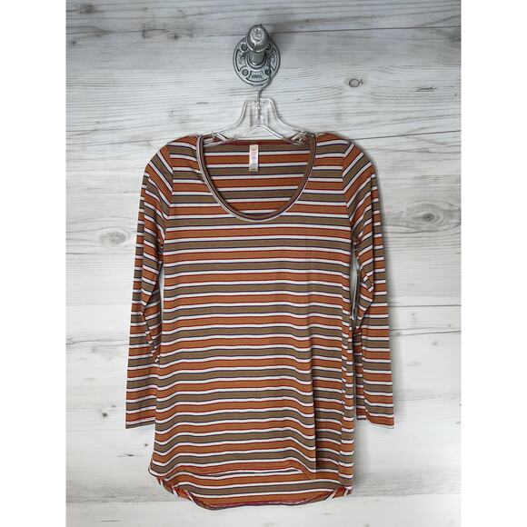 LuLaRoe Tops - LuLaRoe‎ Lynnae Womens XXS Brown Orange Striped 3/4 Sleeve Scoop Neck Top USA